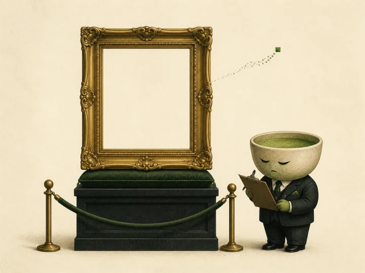 An empty museum frame inspected by a matcha bowl in a business suit.